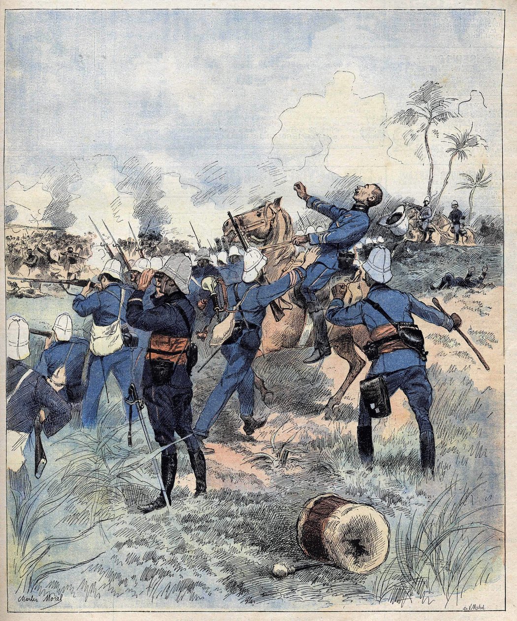 Komandor Faurax zginął w bitwie pod Dogba 19 września 1892 roku w Dahomeju (obecnie Benin) po aquerelle de Morel z 1892 roku. autorstwa Charles Morel