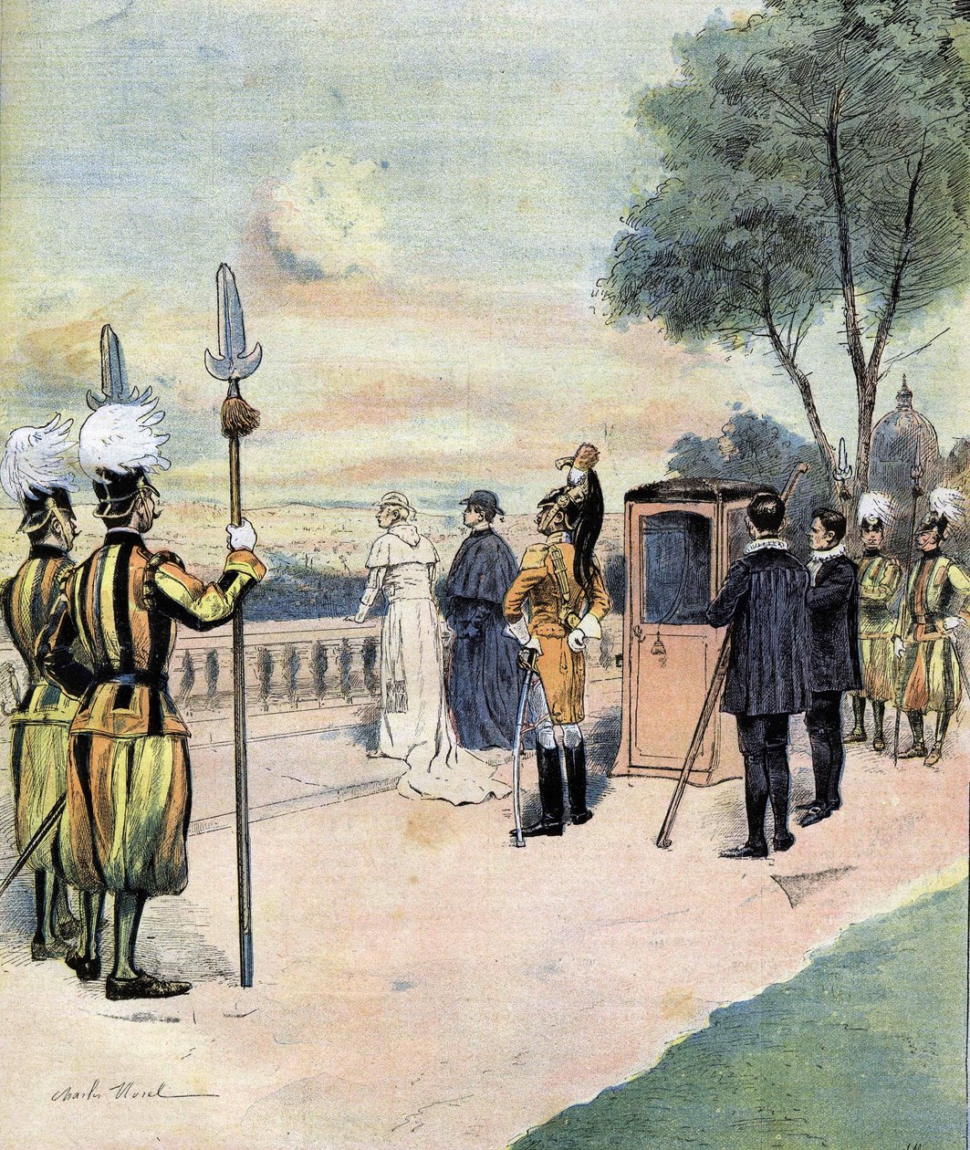 Papież Leon XIII w Ogrodach Watykańskich w 1893 r. rysunek p. CH Morel autorstwa Charles Morel