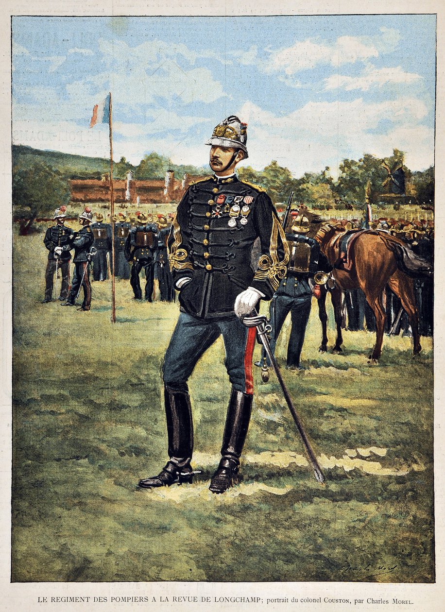 Pułk Ognia ma magazyn Longchamps (Portret pułkownika Coustona), ilustrowany przez Charlesa Morela (1861-1908). Rycina z 1887 r. w tygodniku „Paryż-Prześwietny””. autorstwa Charles Morel