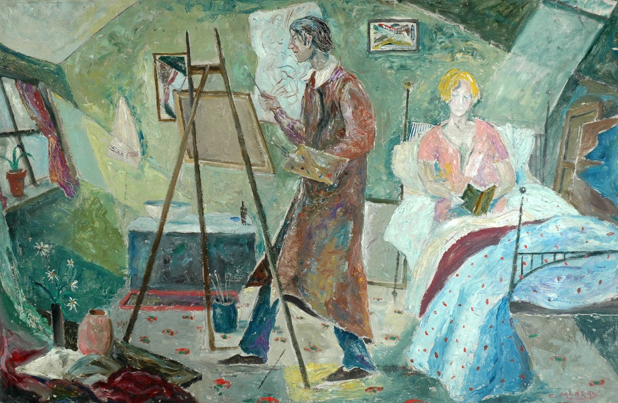 Autoportret, artysta w pracowni (olej na płycie pilśniowej) autorstwa Charles Murray