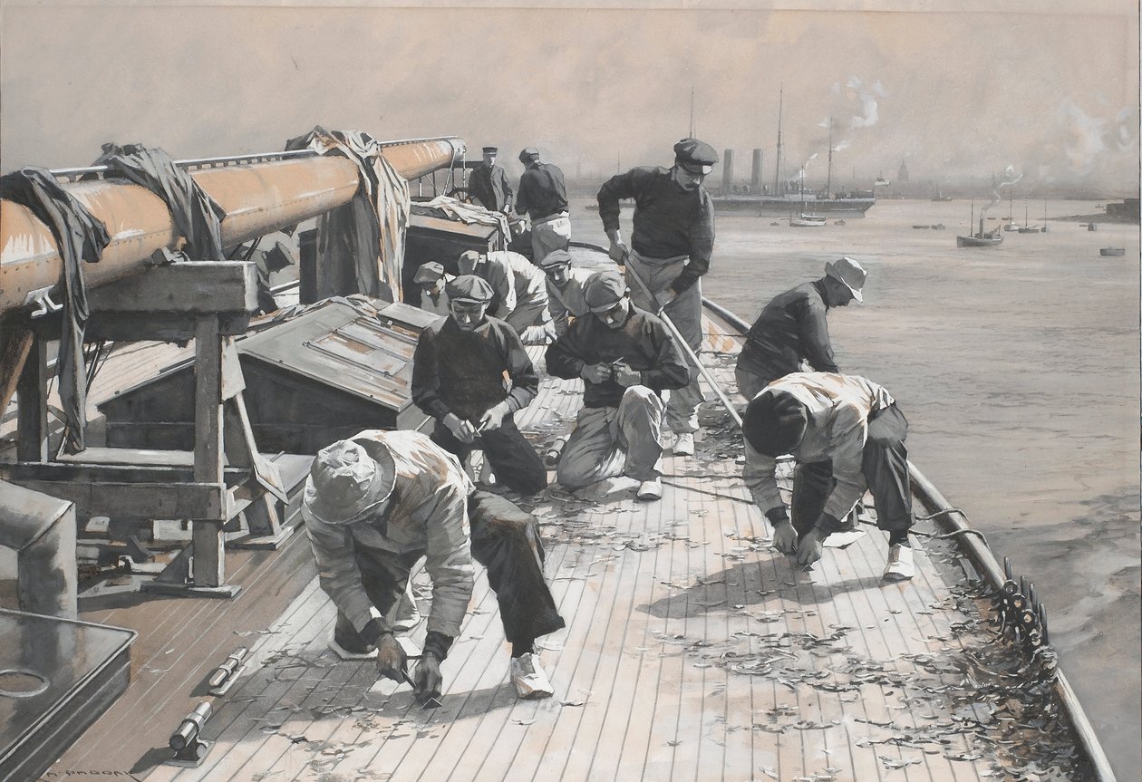 Budowa 23-metrowej łodzi wyścigowej, skrobanie mostu Brynhild. Rysunek i pranie (35x47,9 cm) autorstwa Charlesa M. Paddaya (), początek XX wieku. autorstwa Charles Murray Padday