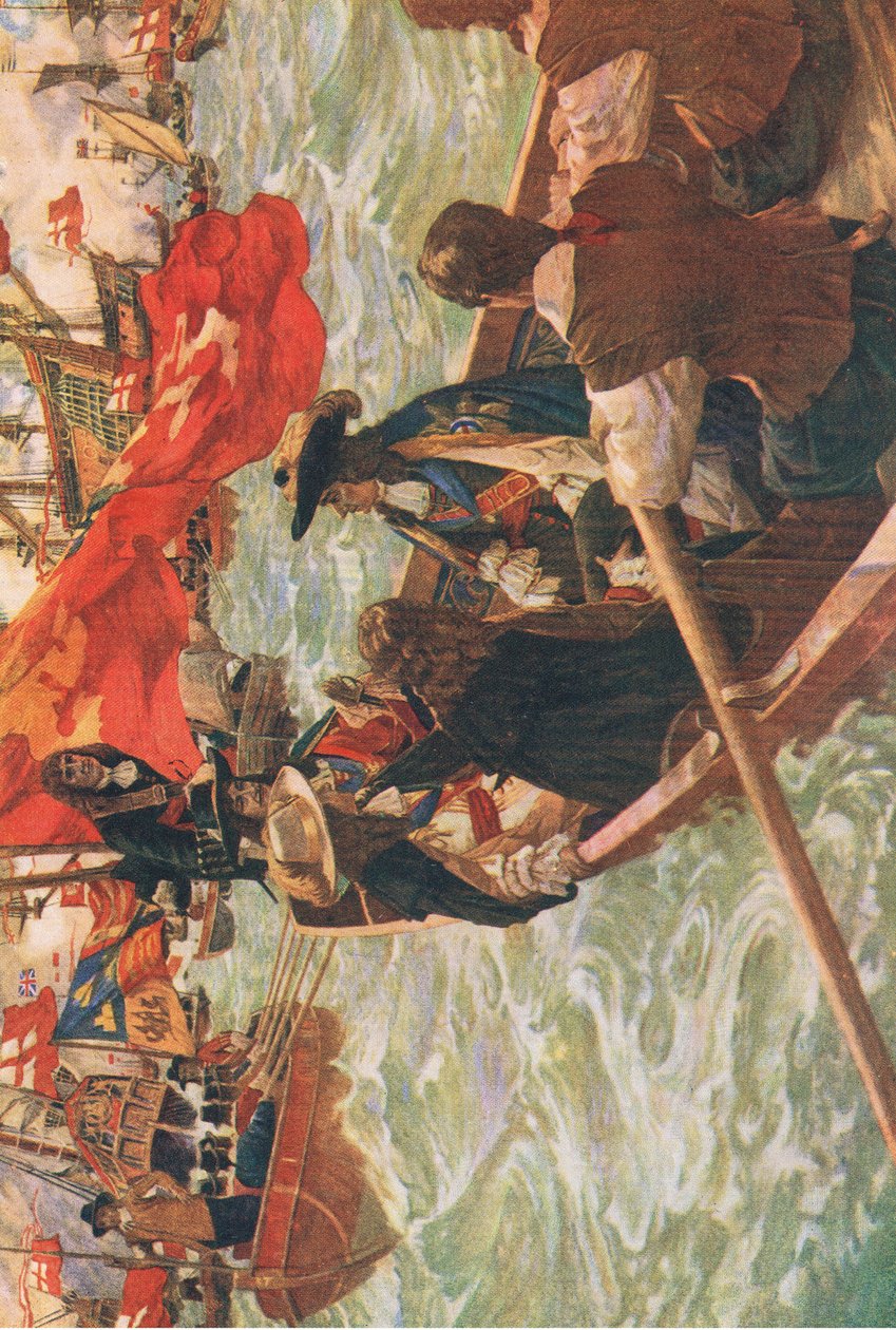 Powrót do domu Karola II, ilustracja z "Historii narodu brytyjskiego" opublikowanej przez Waverley, ok. 1940 r. (kolorowa litografia) autorstwa Charles Murray Padday