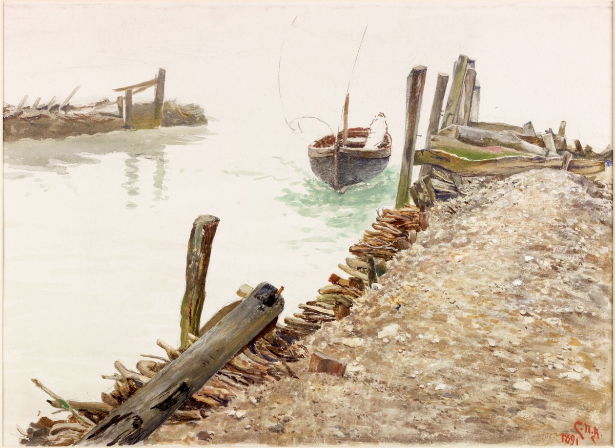 Dinghy zbliża się do molo (kolor nadwozia) autorstwa Charles Napier Hemy