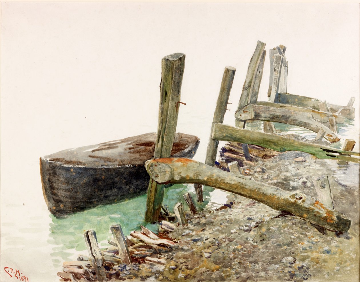 Ponton zbliżający się do nabrzeża (bodycolour) autorstwa Charles Napier Hemy