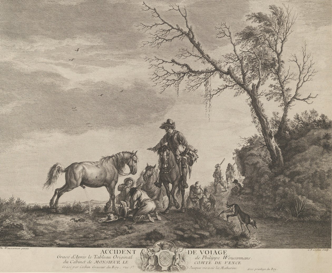 Wypadek w podróży, klęczący mężczyzna naprawiający złamane siodło, sikający koń o…, 1740-50. autorstwa Charles Nicolas Cochin