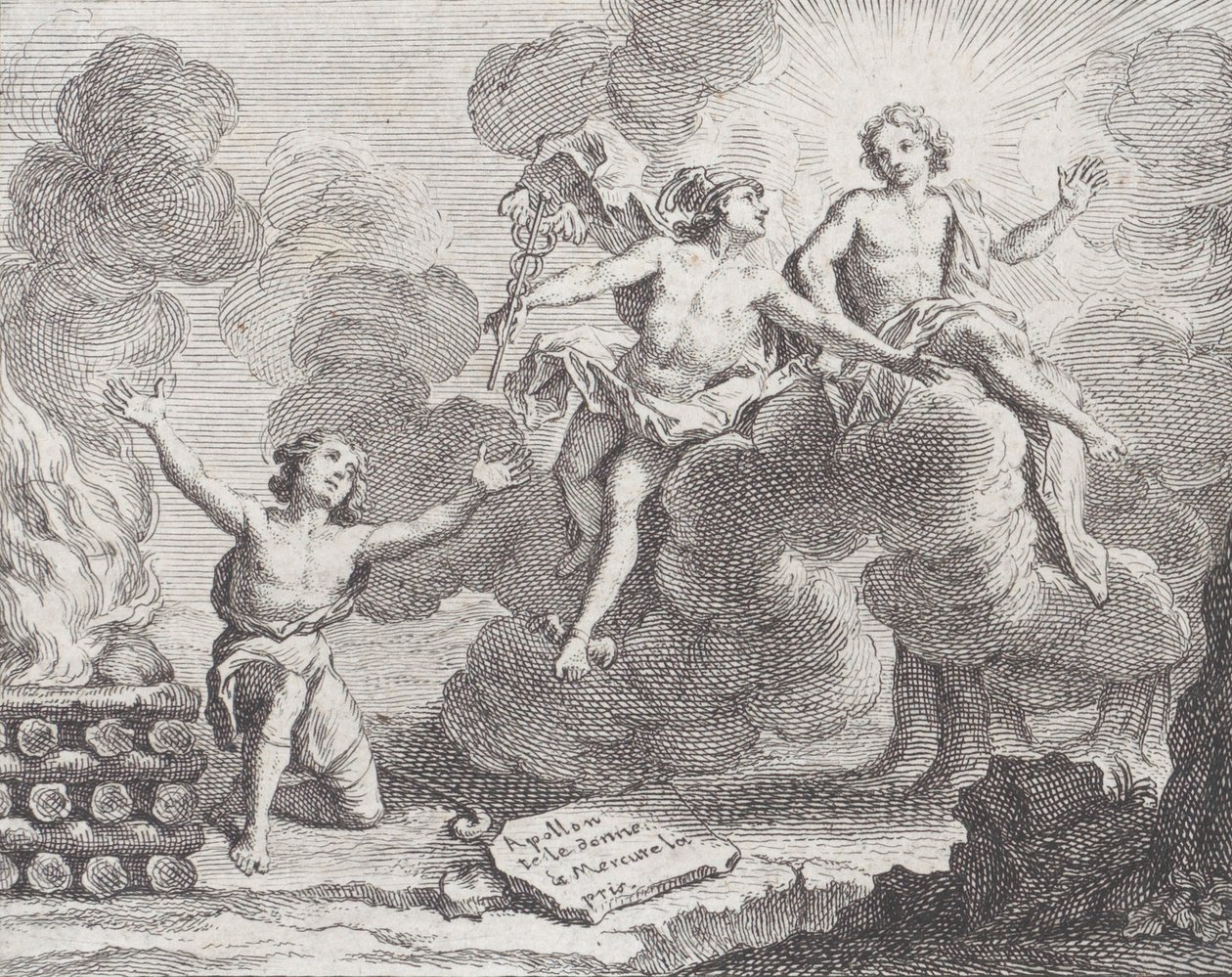 Apollo, Merkury i pasterki, Bajka X w La Motte, Bajki Nouvelles, 1719., 1719. autorstwa Charles Nicolas Cochin