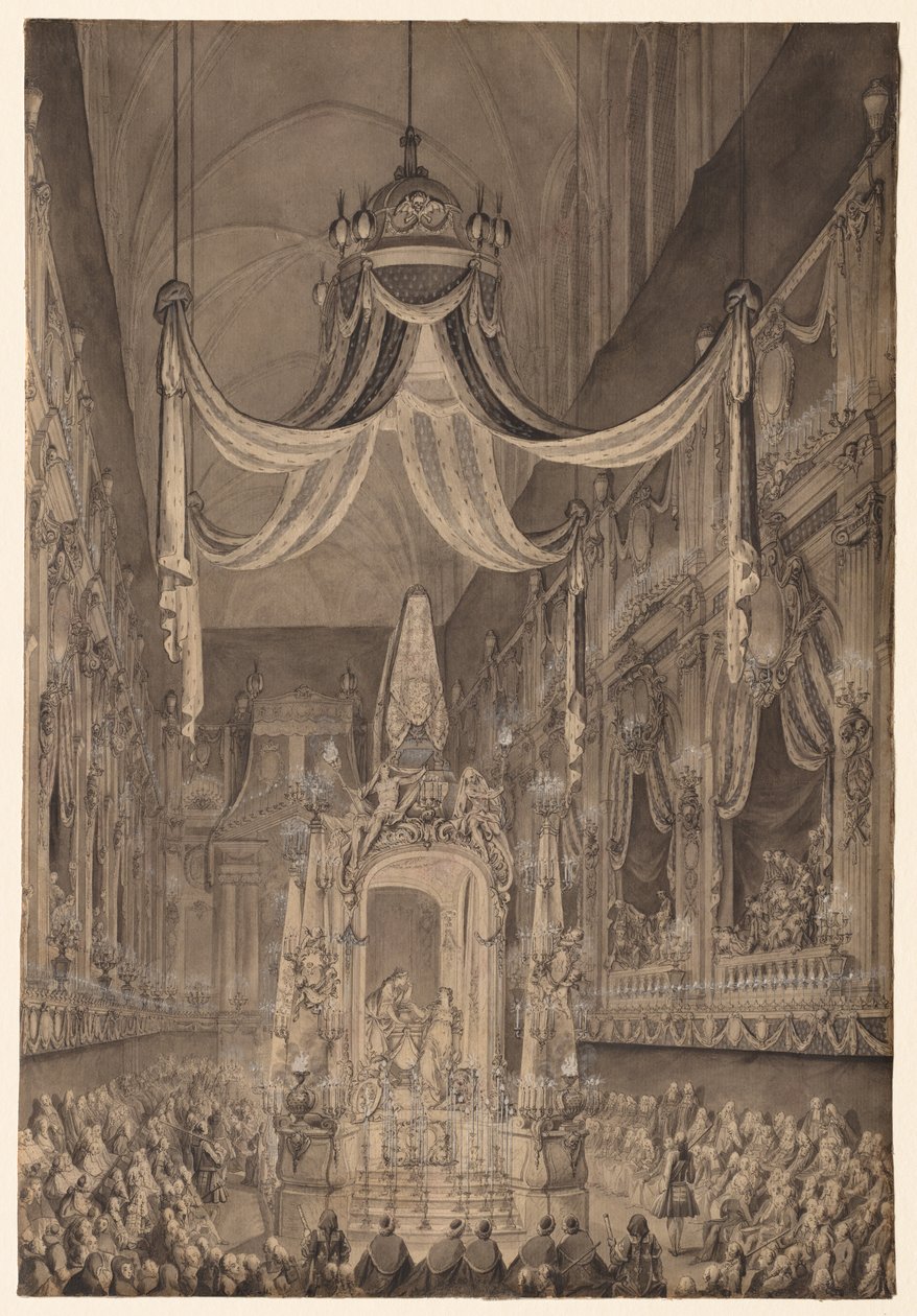 Pogrzeb Marii Teresy z Hiszpanii, Dauphine z Francji w kościele Nôtre Dame w Paryżu, 24 listopada 1746 r. autorstwa Charles Nicolas Cochin