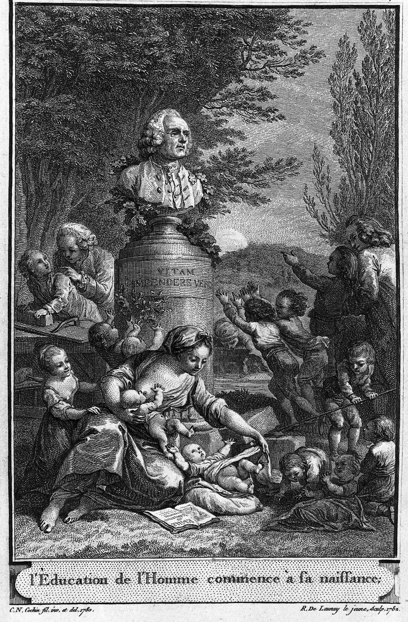 Edukacja ludzka zaczyna się w momencie narodzin. Frontispice (1782) autorstwa Jeana Jacquesa Rousseau rytowane przez Roberta Delaunaya młodego (1749-1814) według rysunku (1780) Charlesa Nicolasa Cochina młodego (1715-1790) z popiersiem pisarza. autorstwa Charles Nicolas II (after) Cochin