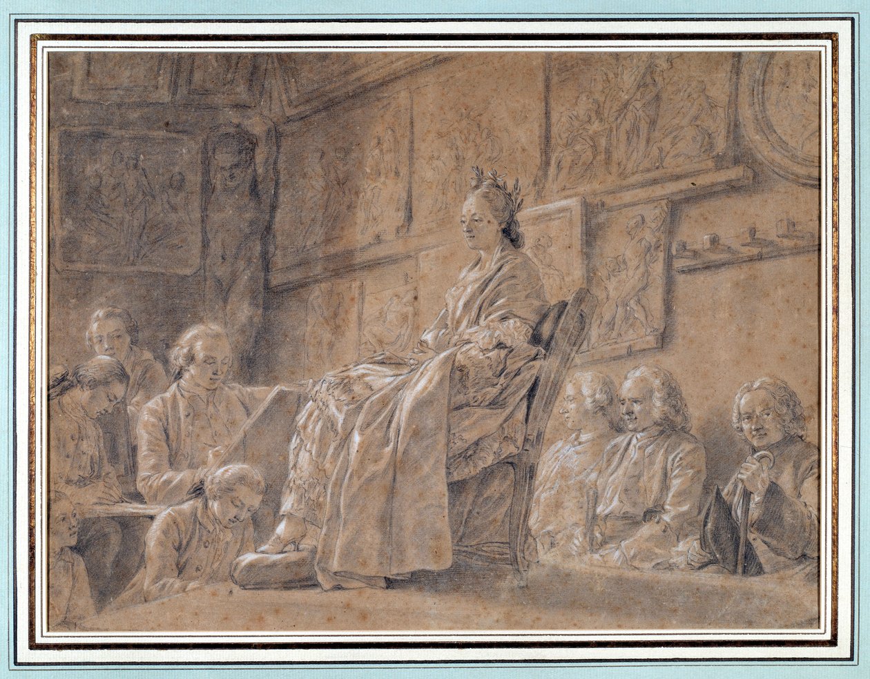 Konkurs na zajęcie głowy ekspresji Różni artyści w warsztacie przedstawiającym modelkę siedzącą na fotelu. Rysunek Ch. Nicolas Cochin (1715-1790) 1763 Paryż. Muzeum Karnawału autorstwa Charles Nicolas II Cochin