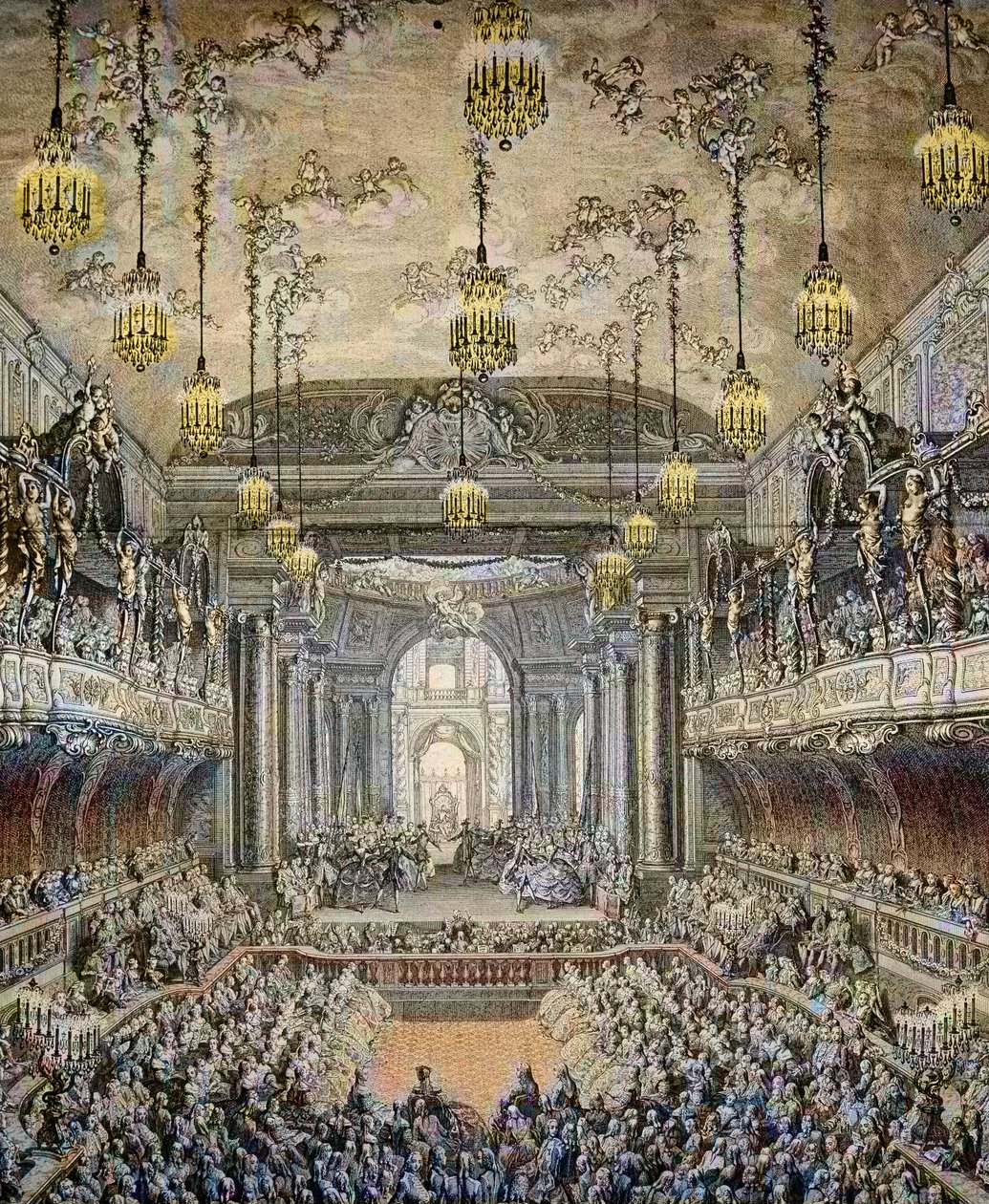 Reprezentacja komedii baletowej „La Princesse de Navarre” w Wersalu, z okazji ślubu Ludwika Dauphina z Francji z Marią Teresą (Maria Teresa) z Hiszpanii (1726-1746) w Wersalu 23 lutego autorstwa Charles Nicolas II Cochin