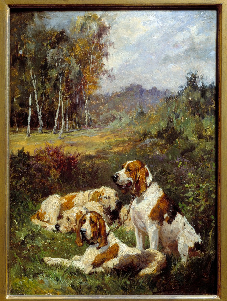 Cztery psy myśliwskie. Obraz Charlesa Oliviera De Penne (1831-1897) autorstwa Charles Oliver de Penne