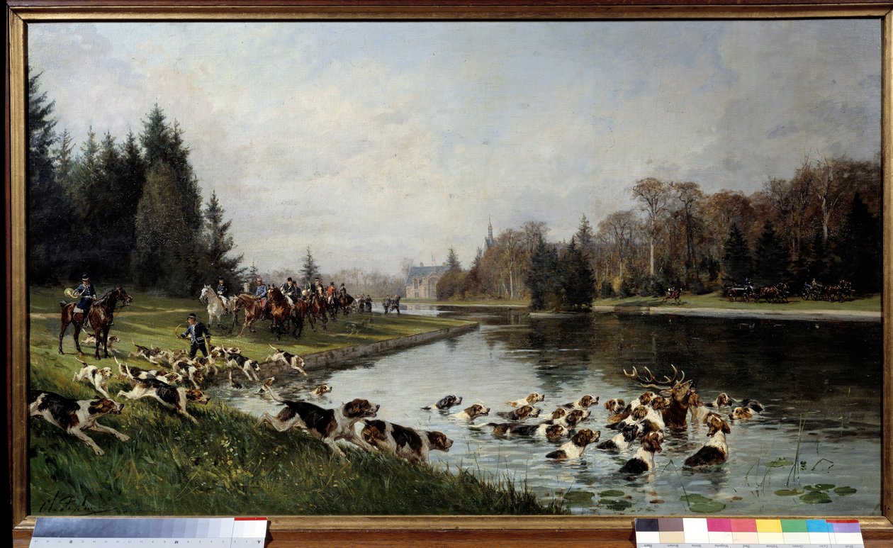 Upoluj rasę: „” Hallali jelenia nad stawem Sulvie, polowanie na księcia Aumale”” Obraz Charlesa Oliviera de Penne (1831-1897) 1880 nd. 0,77x1,33 m Chantilly, musee Conde - Polowanie na psy gończe: Halo jelenia nad stawem Sulvie, polowanie na autorstwa Charles Oliver de Penne