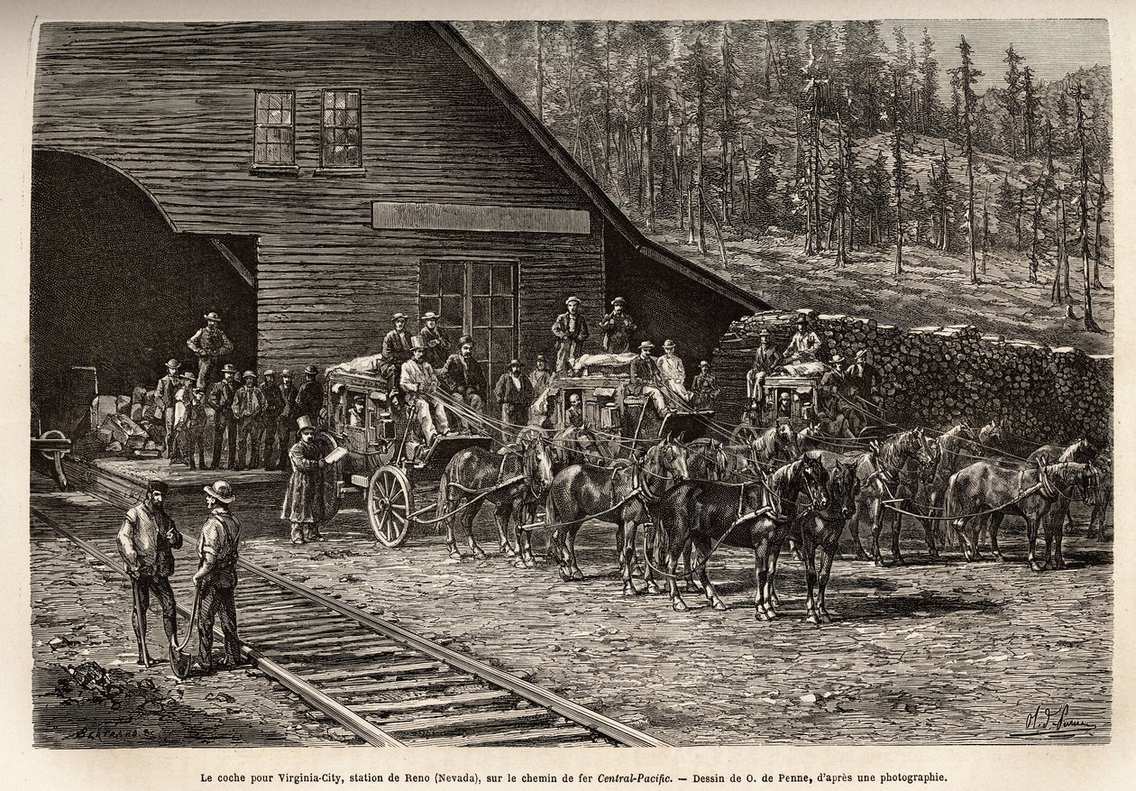 Stacja Reno, aby dostać się do Virginia City (Nevada), na Central Pacific Railway (Central Pacific), wygrawerowana według rysunku O. de Penne, ilustrującego podróż z Waszyngtonu do San Francisco w 1868 r. przez L. Simonin, opublikowany w „Le t autorstwa Charles Oliver de Penne