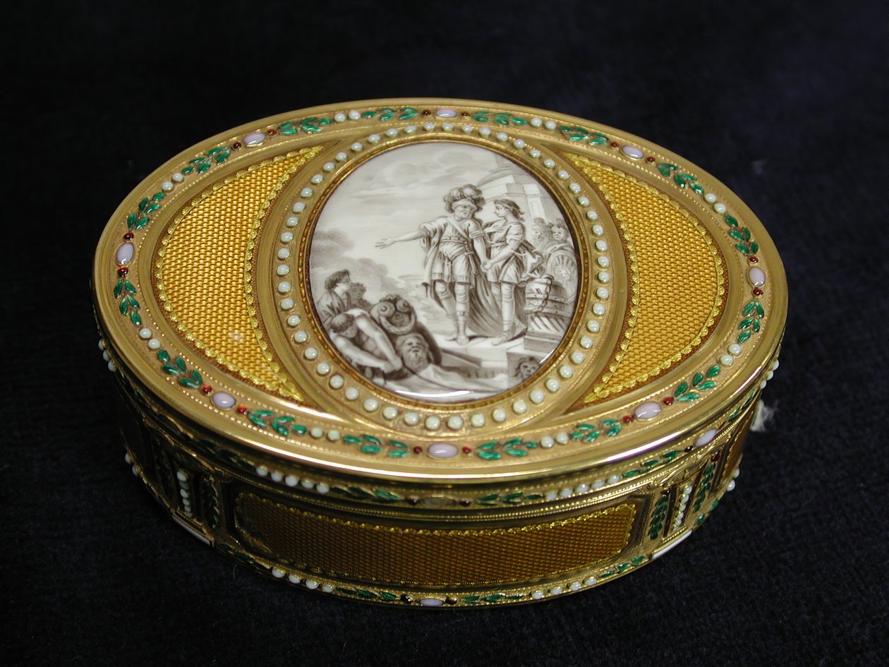 Tabakiera z miniaturą przedstawiającą wyjazd Telemacha z Egiptu w latach 1780-81. autorstwa Charles Ouizille