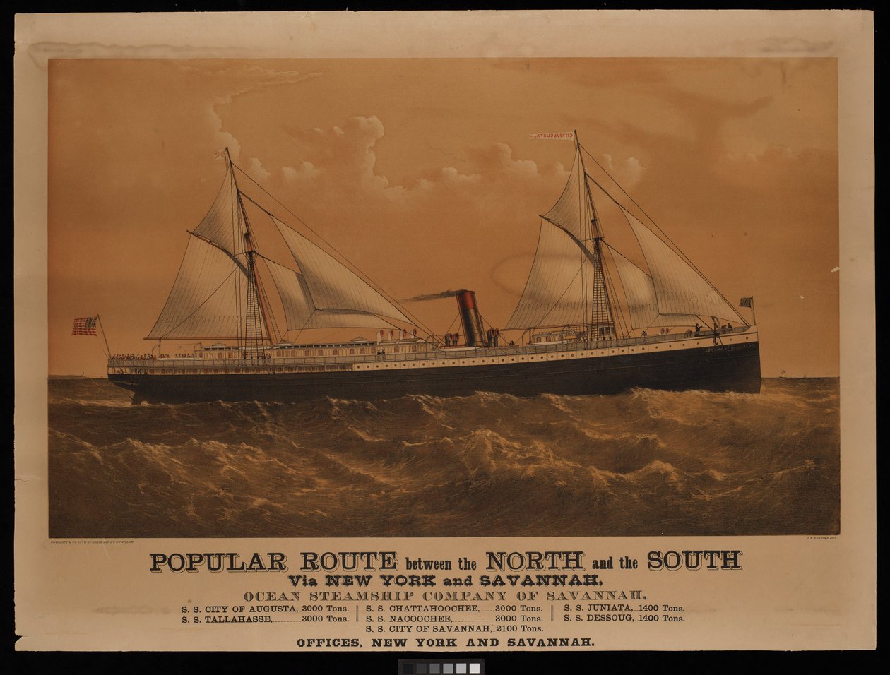 Popularna trasa między Północą a Południem przez Nowy Jork i Savannah, Ocean Steamship Company of Savannah... Miasto Augusta... (litografia, kolorowana) autorstwa Charles Parsons