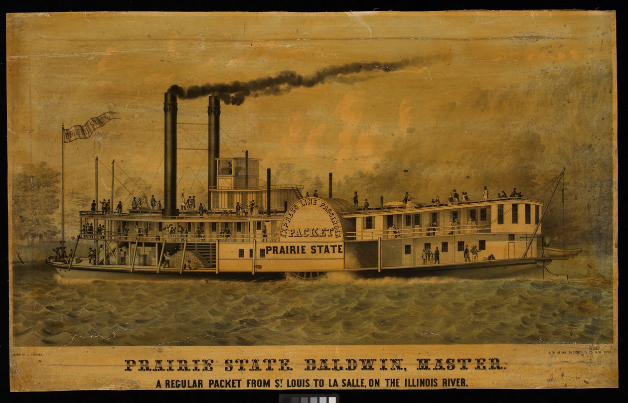 Prairie State. Baldwin, Master. Regularny pakiet z St Louis do La Salle, na rzece Illinois (litografia, kolorowana) autorstwa Charles Parsons