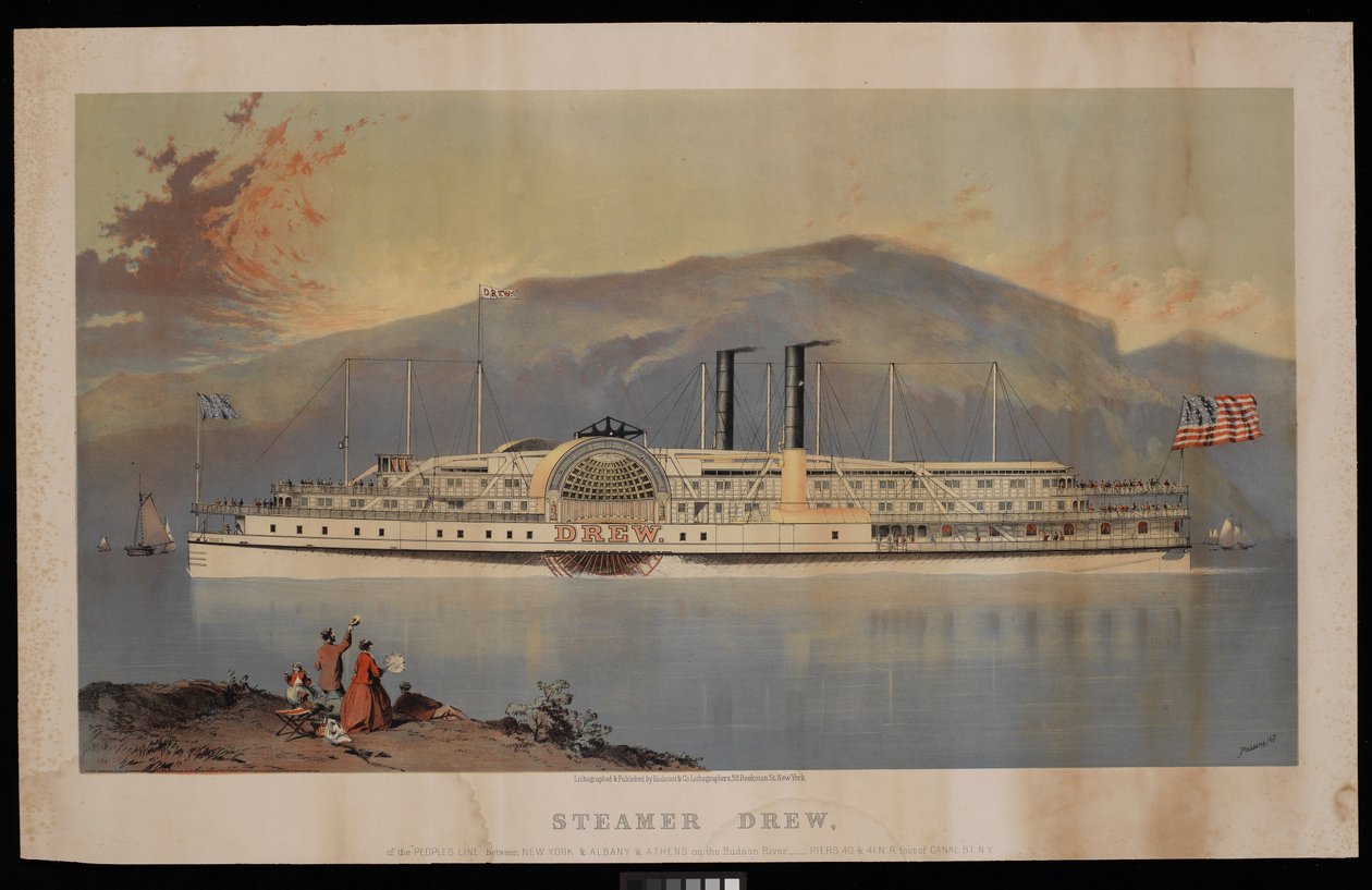 Parowiec Drew z "Peoples Line" między Nowym Jorkiem a Albany i Atenami na rzece Hudson - pirsy 40 i 41 u stóp Canal St w Nowym Jorku. autorstwa Charles Parsons
