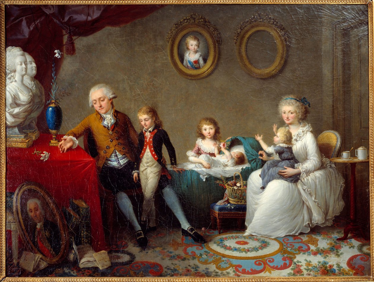 Rodzina Jean Pierre Dourcet Rodzina rojalistycznej szlachty w czasie rewolucji. Na stole i popiersiach króla i królowej kładzie się kwiat lilii. Obraz Charlesa Landona (1760-1826) XIX-wieczne Grenoble Musee des Beaux Arts autorstwa Charles Paul Landon