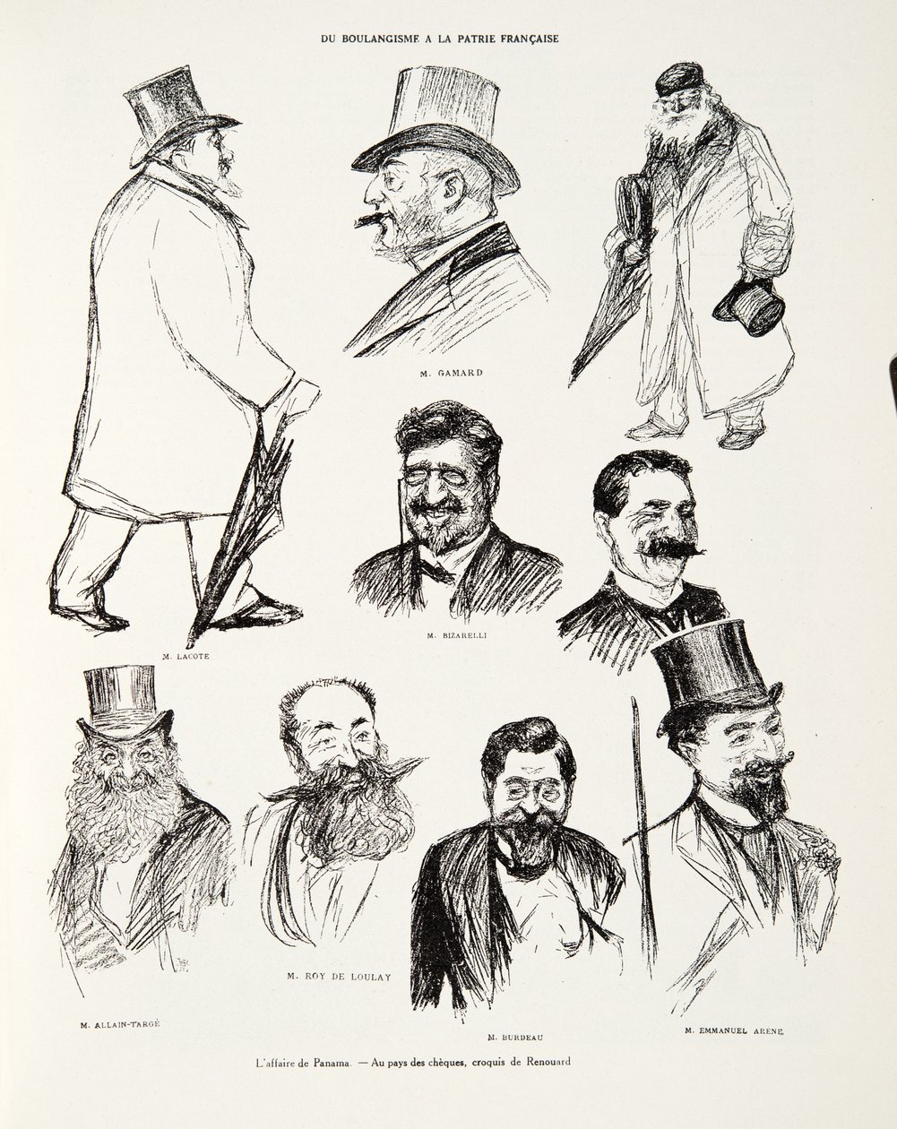 Sprawa Panamska - W krainie czeków, szkic Renouarda, z Histoire de la Troisieme Republique, t. I, Historia polityczna, wyd. 1933 autorstwa Charles Paul Renouard