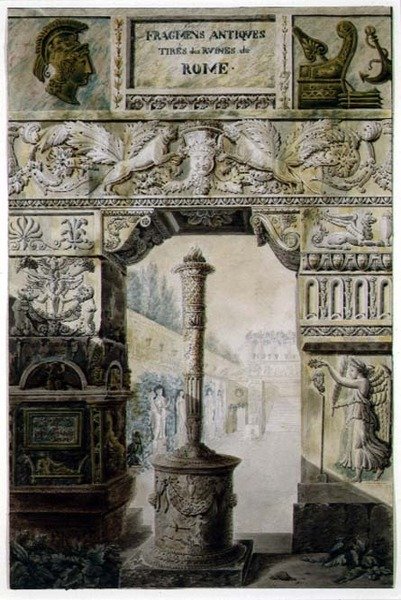 Fragmenty antyczne ze starożytnego Rzymu, projekt strony tytułowej z „Pałace, domy i inne nowoczesne budowle, rysunki w Rzymie” Charlesa Percier i Francois Leonard Fontaine (1762-1853) wyd. Paryż autorstwa Charles Percier