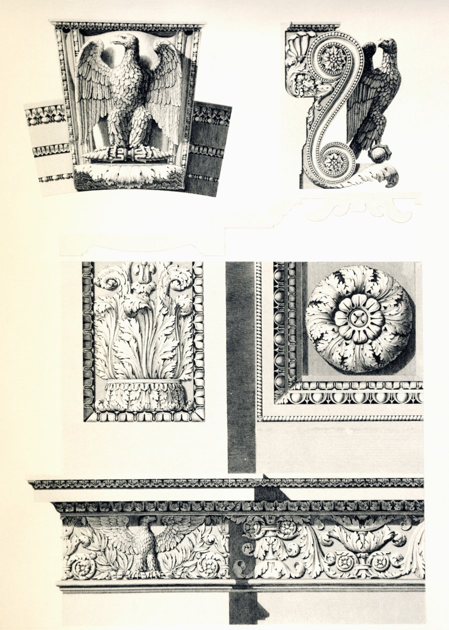 Dekoracja z orłami, rozetami i liśćmi akantu dla Arc de Triomphe du Carrousel, Charles Percier (1764-1838) i Pierre Francois Leonard Fontaine (1762-1853), rycina Louis Pierre Baltard (1764-1846), detal, Francja autorstwa Charles Percier