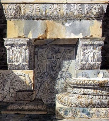 Fragmenty ruin, projekt karty tytułowej z planszy 20 „Pałace, domy i inne nowoczesne budowle, Dessines a Rome” Charlesa Percier i Pierre