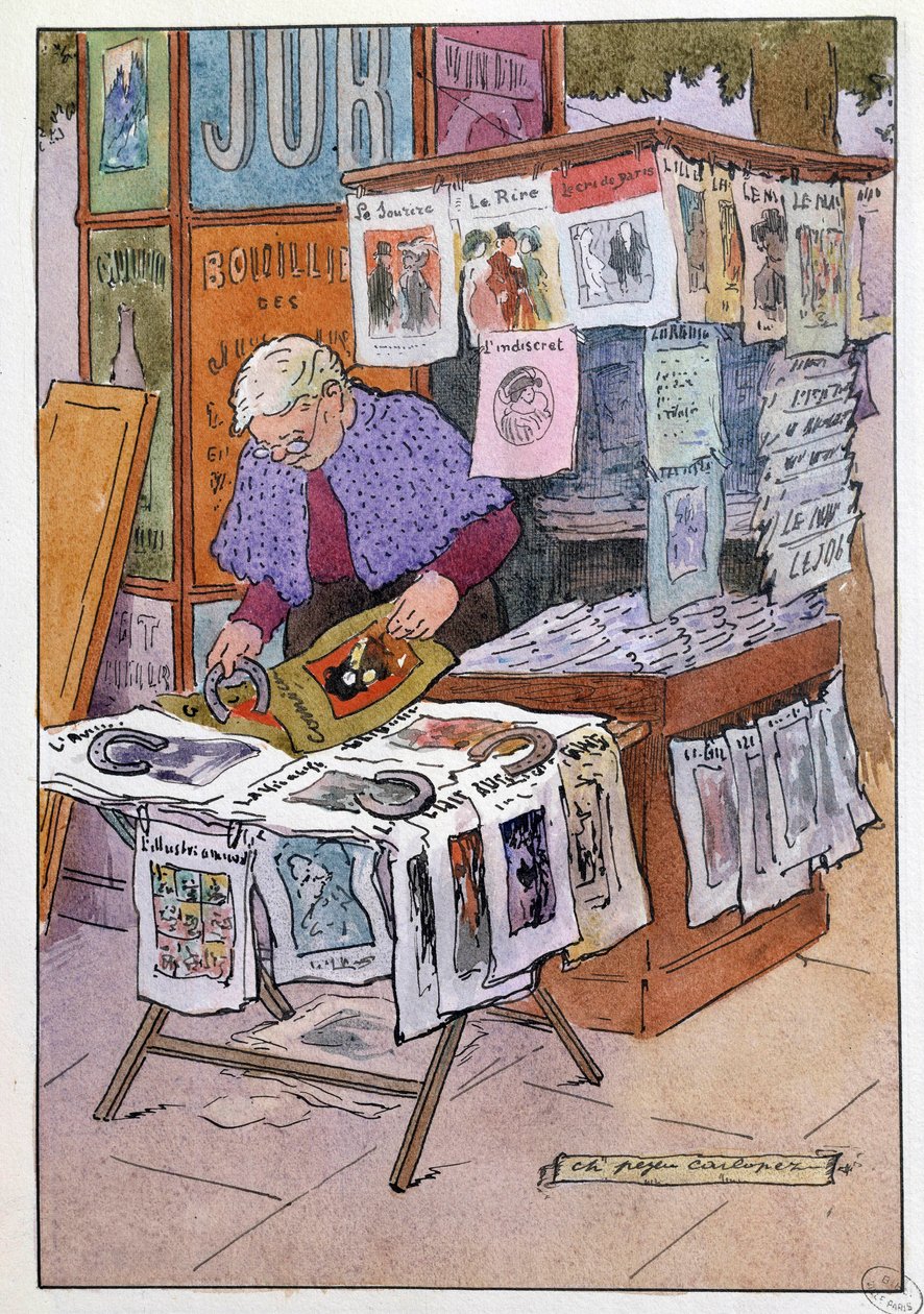 Małe Metiers of Paris: kiosk ma gazety. Rysunek Charlesa Pezeu dit Carlopez (XX wiek) autorstwa Charles Pezeu Carlopez