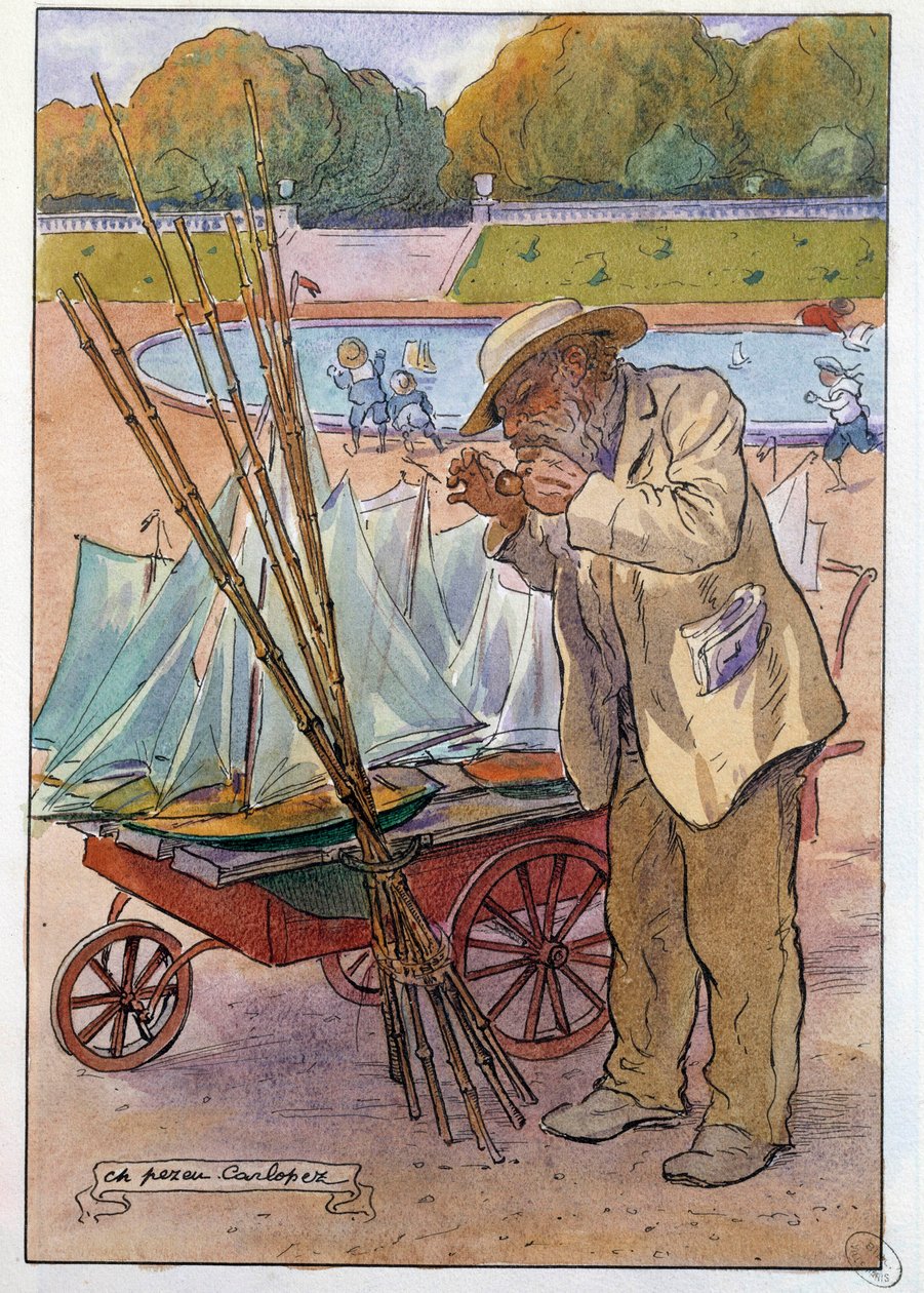 Handlarz łodziami w Ogrodzie Tuileries w 1909 r. Rysunek Charlesa Pezeu dit Carlopeza (XX w.) autorstwa Charles Pezeu Carlopez