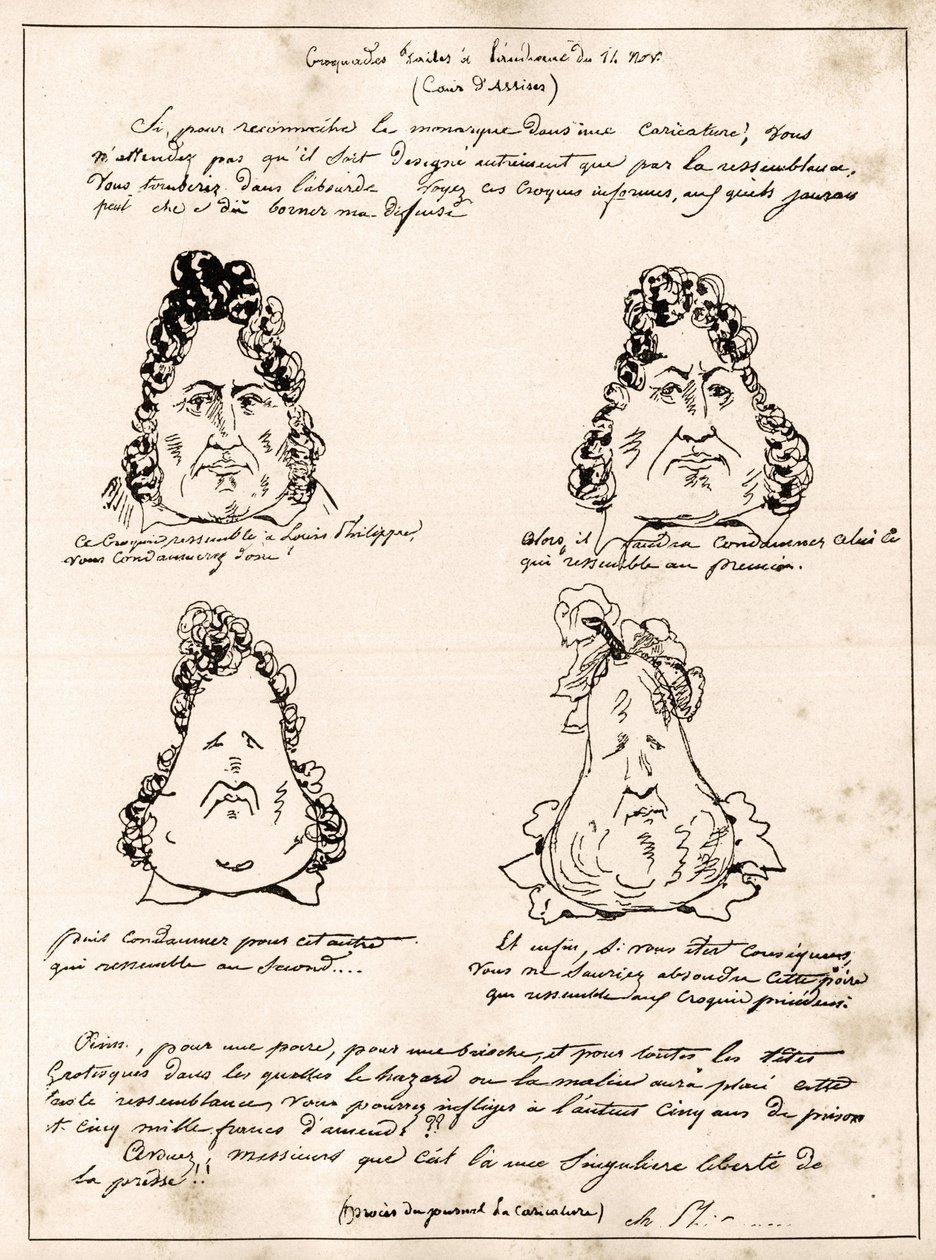 Krokodyle wykonane na rozprawie 14 listopada - rysunek Ludwik Filip w gruszy autorstwa Karola Filipona (1800-1862) - 1832 - (Ludwik Filip stopniowo zamienia się w gruszkę) autorstwa Charles Philipon