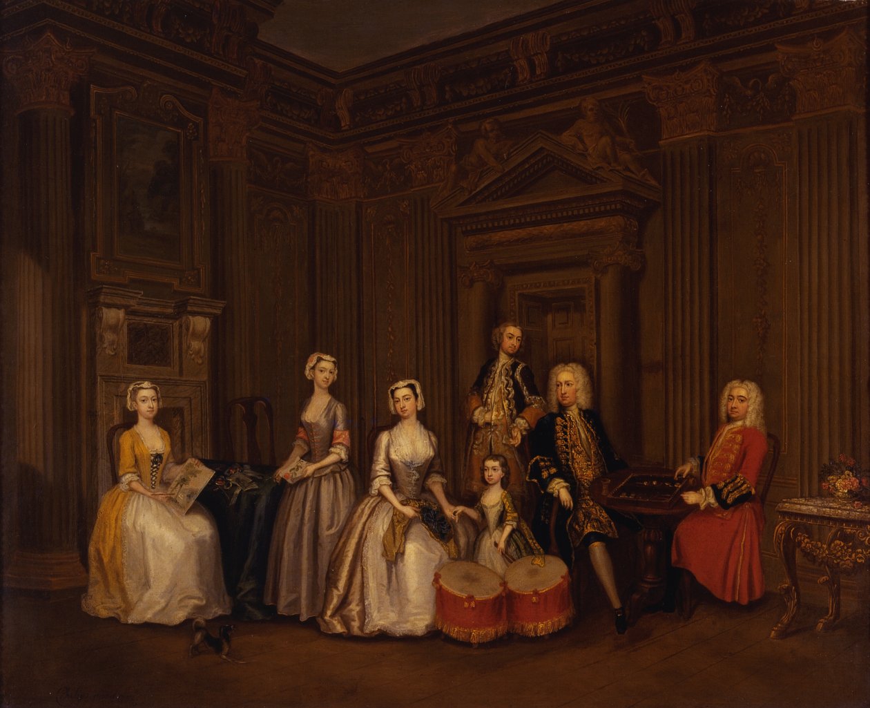 Portret Algernona Seymoura, lorda Hertforda (później siódmego księcia Somerset) z pułkownikiem Tomkinsem Wardourem, pułkownikiem Brownem, lordem Beauchamp, Frances, Lady Hertford, Lady Elizabeth Seymour i panną Herbert autorstwa Charles Philips