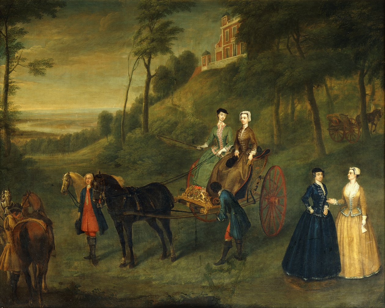 Panie i druhny w Greenwich Park: portret grupowy Juliany, księżnej Leeds, lady Charlotte Hamilton, lady Isabelli Tufton i Henrietty, hrabiny Pomfret, wszystkie w habitach jeździeckich, z panem młodym i końmi przed obserwatorium, 173 autorstwa Charles Phillips