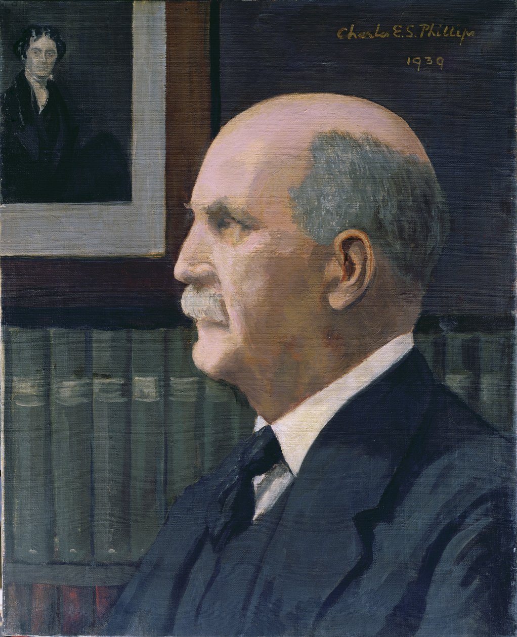 William Henry Bragg (1862-1942) ze zdjęciem Michaela Faradaya (1791-1867) w tle, 1939 autorstwa Charles Phillips