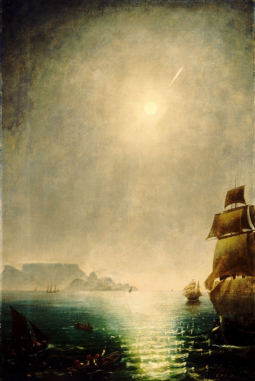 Widok w świetle księżyca na zatokę Table Bay ukazujący Wielką Kometę z 1843 r. autorstwa Charles Piazzi Smyth