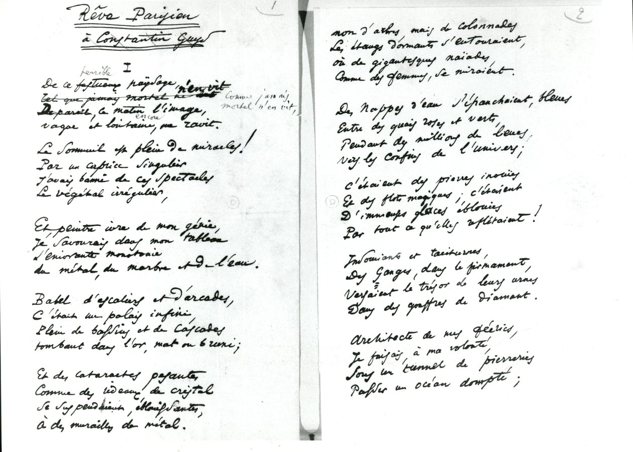 Poemat z autografem „Reve Parisien” (pióro i atrament na papierze) (zdjęcie czarno-białe) autorstwa Charles Pierre Baudelaire