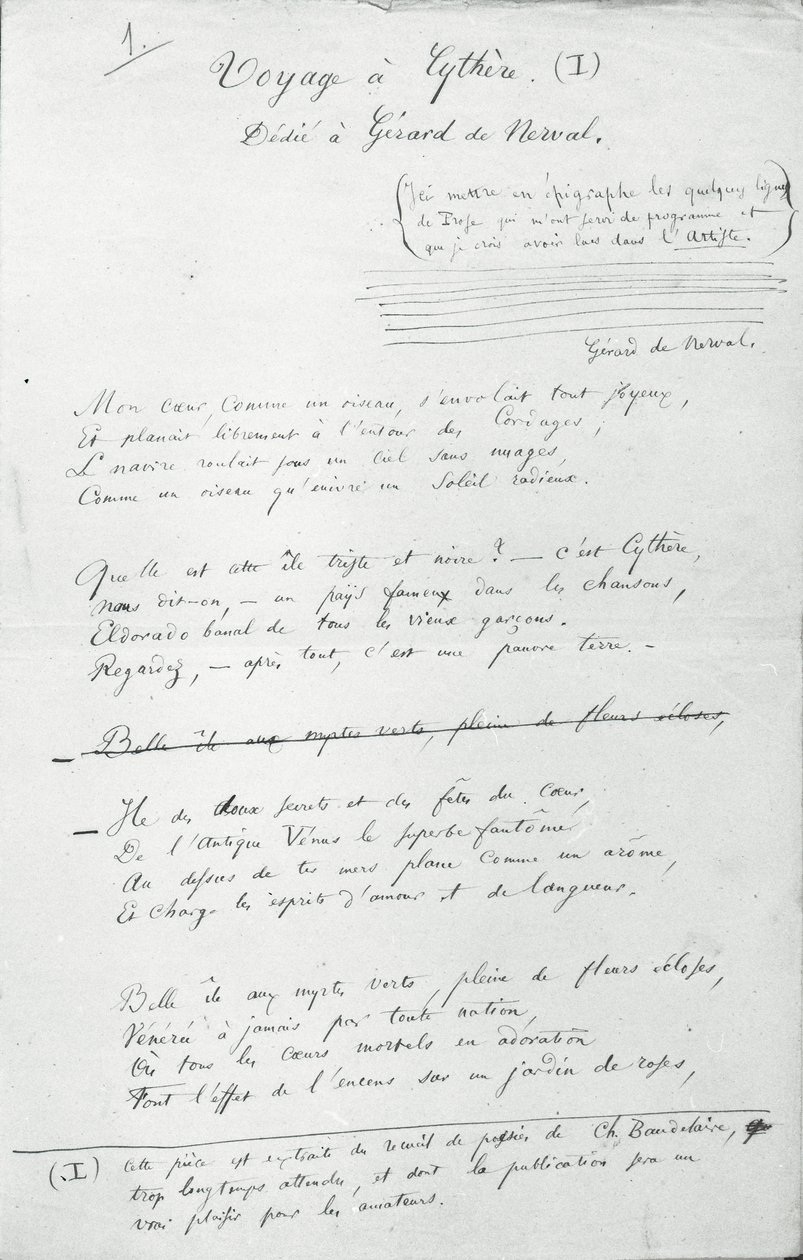 Poemat z autografem „Voyage a Cythere” (pióro i atrament na papierze) (zdjęcie czarno-białe) autorstwa Charles Pierre Baudelaire