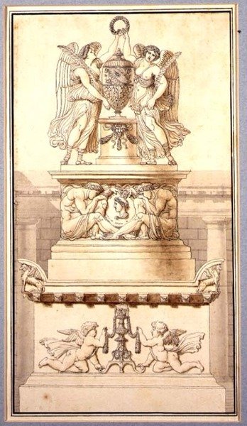 Projekt pomnika nagrobnego rzymskiego generała, ok. 1800 (kreda, długopis i tusz oraz pranie na papierze) autorstwa Charles Pierre Joseph Normand