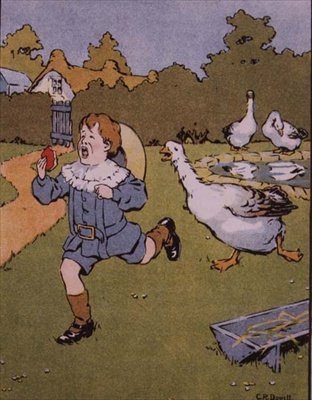 Gander goni drażniącego Georgiego, z książki „Georgie Porgy” z dziecięcymi rymowankami autorstwa Charles R. Dowell