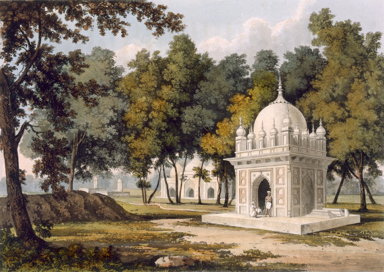 Grobowce w pobliżu Etaya, z "A Picturesque Tour Along the Rivers Ganges and Jumna in India", rytowane przez Thomasa Sutherlanda, opublikowane przez Ackermanna, 1824 (akwatinta) autorstwa Charles Ramus Forrest