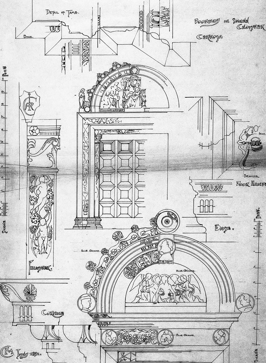 Certosa di Pavia, Drzwi w małym klasztorze, 1891 (strona ze szkicownika, tusz na papierze na naboje) autorstwa Charles Rennie Mackintosh