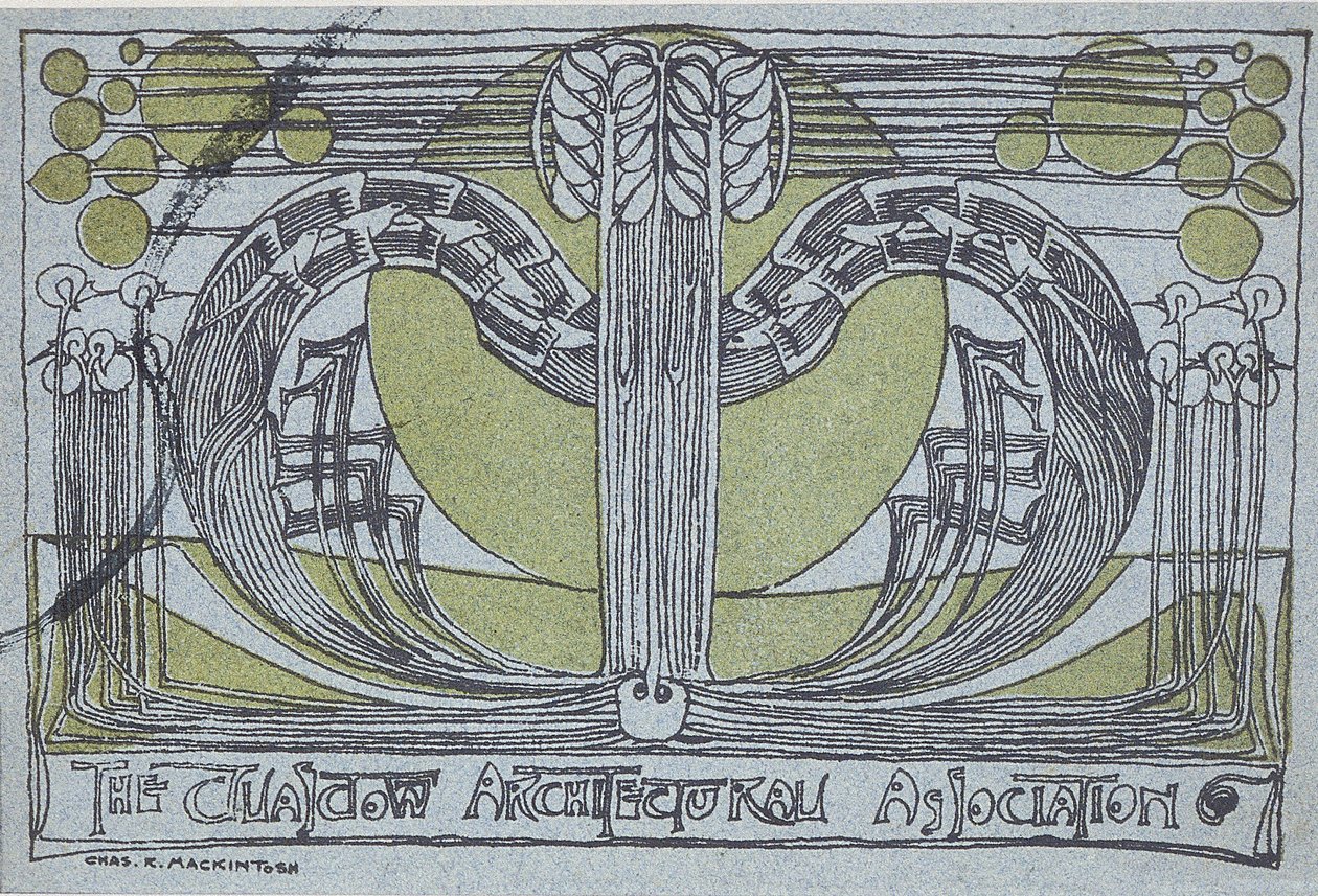 Conversazione Program dla Glasgow Architectural Association, 1894 (linoryt wydrukowany w czerni i zieleni na jasnoniebieskim papierze) autorstwa Charles Rennie Mackintosh