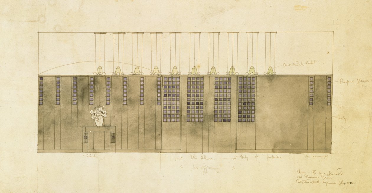 Projekt ściany, stołu i drzwi, 1905 (wc nad piórem i atramentem na papierze) autorstwa Charles Rennie Mackintosh