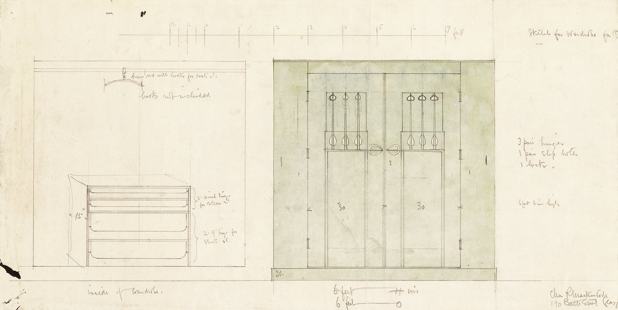 Projekt szafy, pokazany na elewacji frontu i wnętrza, ok. 1899-1900 (Ołówek, akwarela) autorstwa Charles Rennie Mackintosh