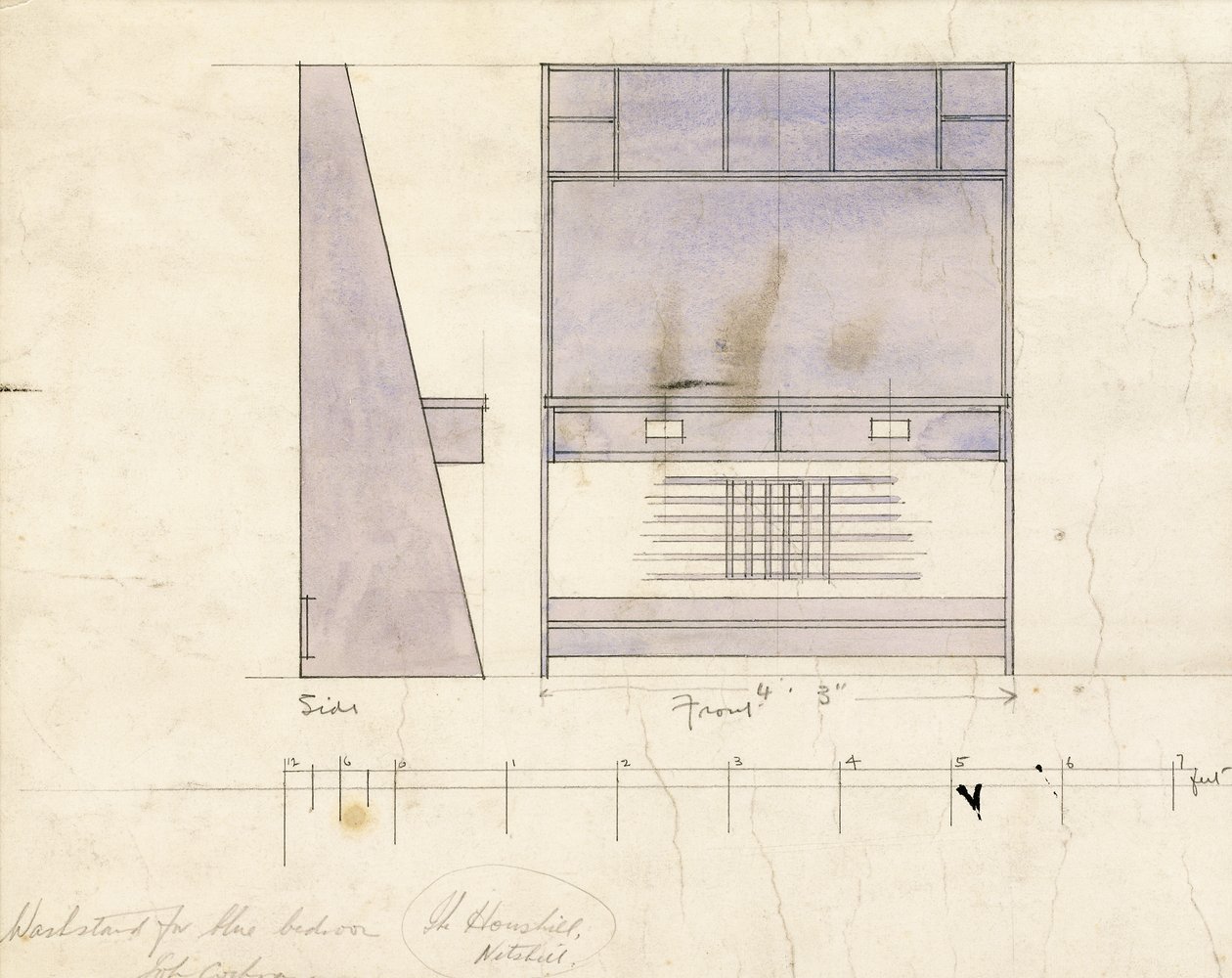 Projekt umywalki, pokazany w elewacji bocznej i frontowej, 1904 autorstwa Charles Rennie Mackintosh