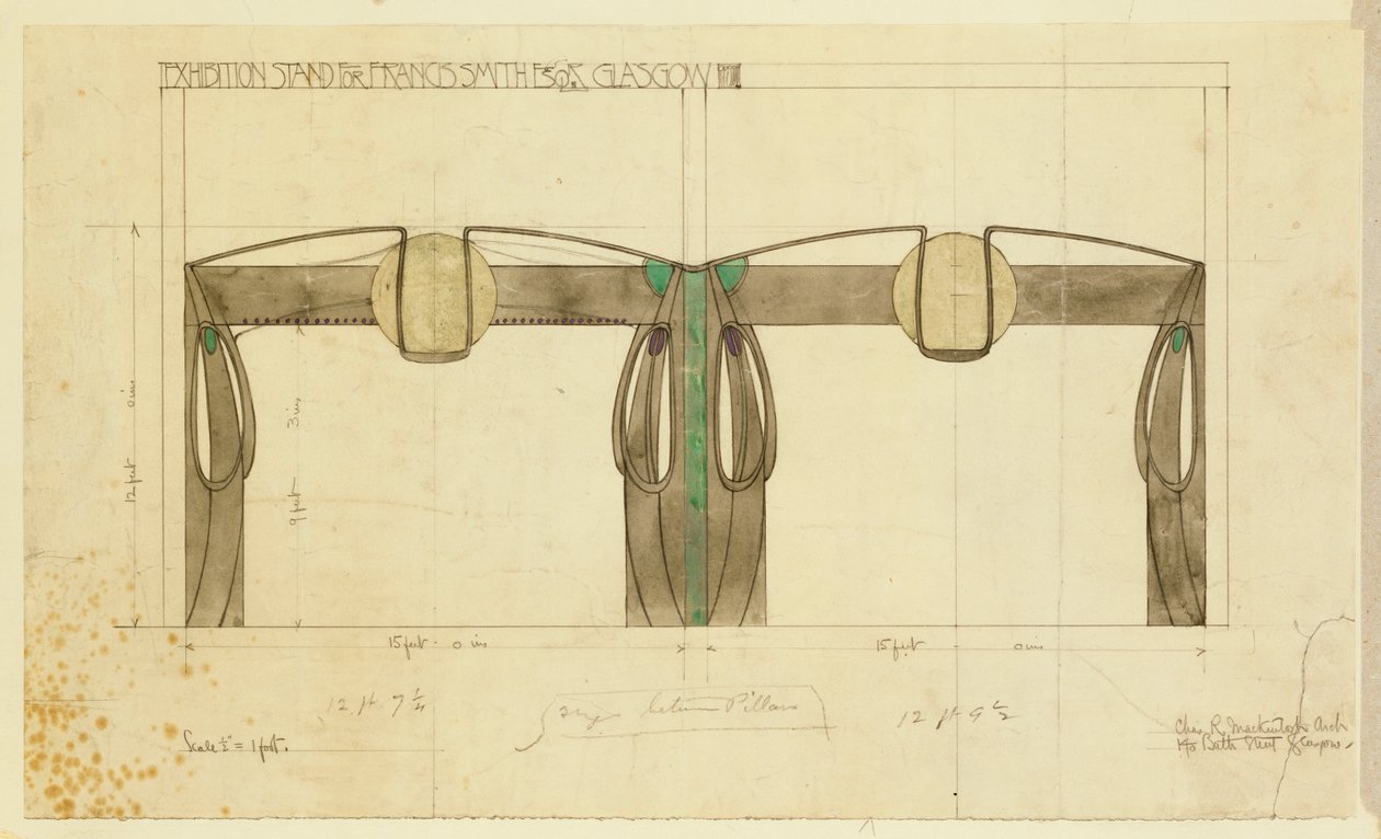 Projekt stoiska wystawowego dla Francisa Smitha, używanego na wystawie w Glasgow, pokazany w elewacji, 1901 autorstwa Charles Rennie Mackintosh