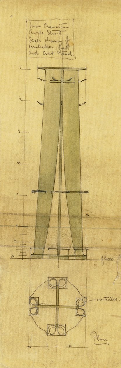 Projekt parasola, kapelusza i wieszaka na płaszcze, pokazany na elewacji i planie, ok. 1898-1899 (ołówek, akwarela, kalka olejowana) autorstwa Charles Rennie Mackintosh