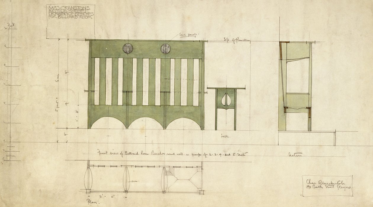 Projekt ławek i stołu, pokazany na planie elewacji i przekroju autorstwa Charles Rennie Mackintosh