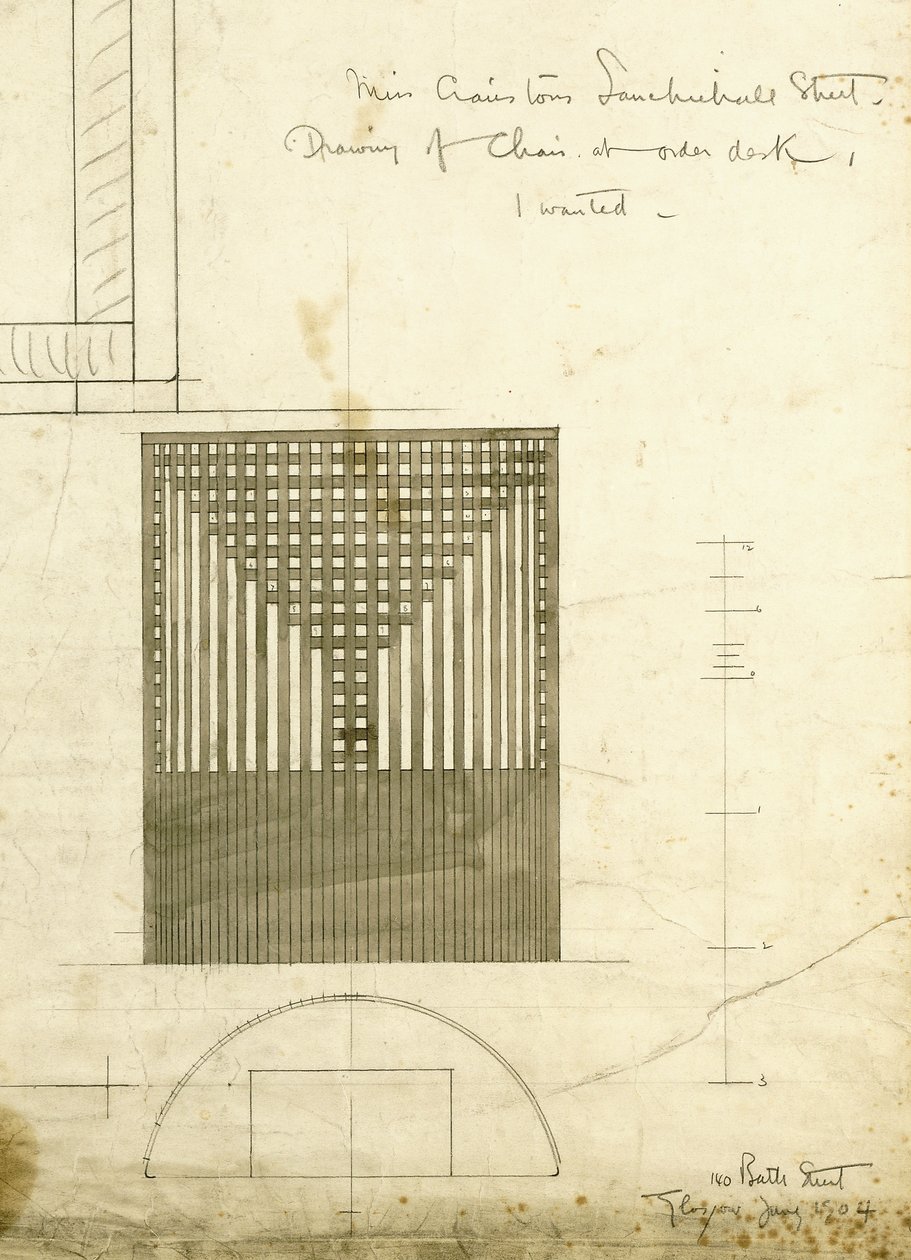 Projekt krzesła biurowego Orderu, pokazany na elewacji i planie, 1904 autorstwa Charles Rennie Mackintosh