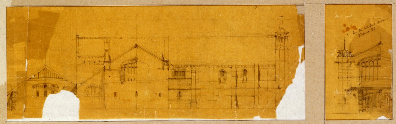 Projekt elewacji kościoła pokazanego na elewacji oraz projekt pomocniczy wejścia do kościoła pokazanego na elewacji, ok.1895-99 autorstwa Charles Rennie Mackintosh