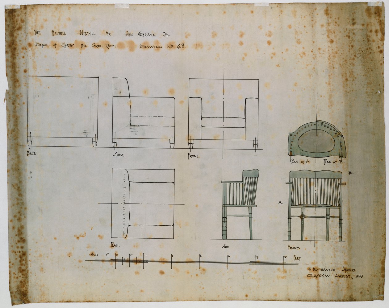 Projekty krzesła tapicerowanego i krzesła wrzecionowego pokazane na elewacjach i planach autorstwa Charles Rennie Mackintosh