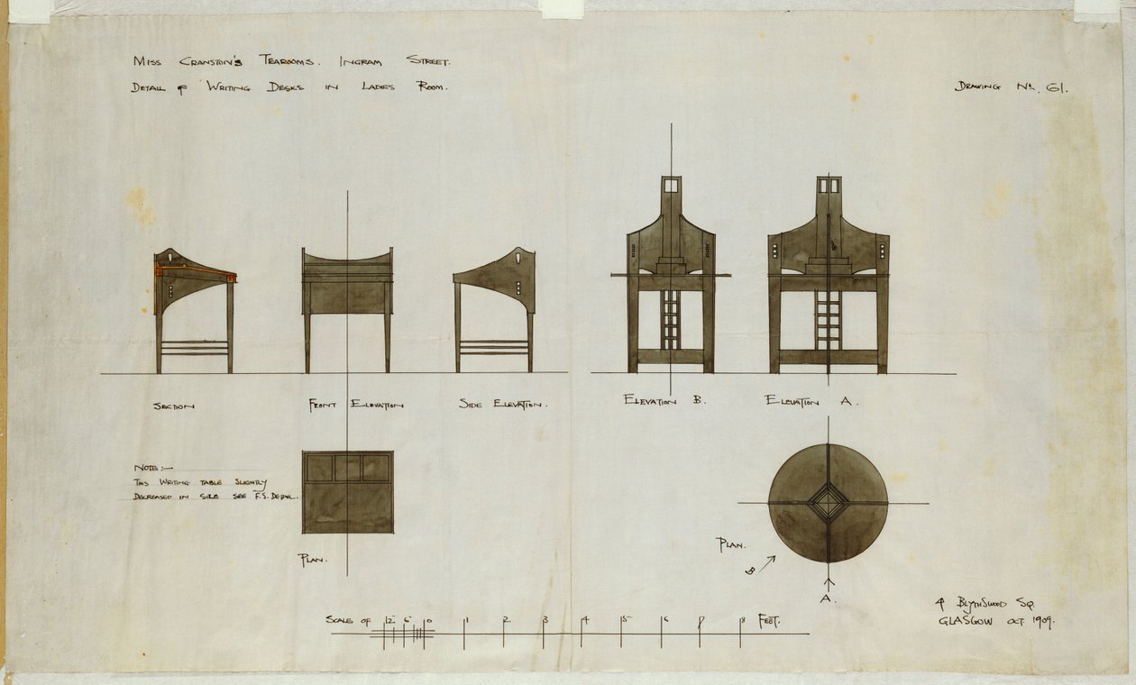 Projekty biurek na elewacjach frontowych i bocznych, dla Herbaciarni Ingram Street, 1909 autorstwa Charles Rennie Mackintosh